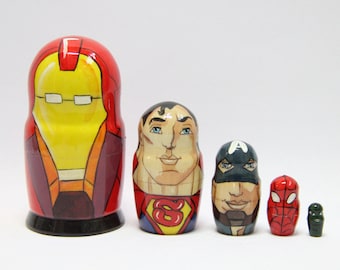 Comics Heroes Nesting Doll 4.33" or 11 cm Super Man Hand Painted Matryoshka Doll 5 pieces Kids Gift Wood Toy MADE in UKRAINE