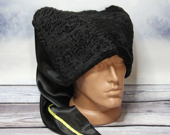 MADE in UKRAINE Vintage Cossack Winter Hat Papaha, Kubanka Hat, Natural Astrakhan Fur Hat with a Black Satin Top