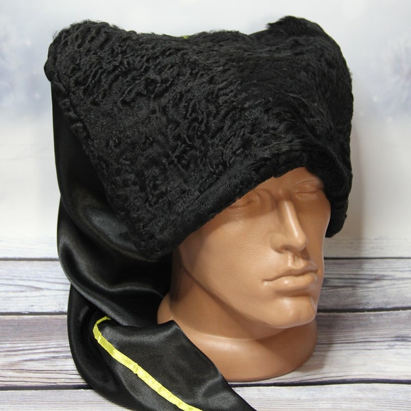 MADE in UKRAINE Vintage Cossack Winter Hat Papaha, Kubanka Hat, Natural Astrakhan Fur Hat with a Black Satin Top