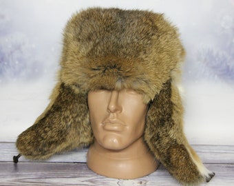 FABRIQUÉ en UKRAINE Chapeau de fourrure de lapin d’hiver, chapeau naturel d’Ushanka, chapeau ukrainien de fourrure d’hiver, couleur brun clair de lapin, chapeau d’URSS