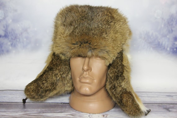 Winter Rabbit Fur Hat, Natural Ushanka Hat, Russian Winter Fur Hat, Rabbit Light Brown Color