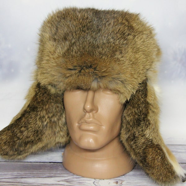 MADE in UKRAINE Winter Rabbit Fur Hat, Natural Ushanka Hat, Ukrainian Winter Fur Hat, Rabbit Light Brown Color,USSR Hat