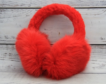 MADE in UKRAINE Winter Rabbit Fur Earmuffs, Rabbit Fur Red Color, Handcrafted, Gift for Her