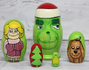 Muñeca rusa de héroes de dibujos animados, 9,5 cm (3,74 pulgadas), pintada a mano, 5 piezas. Regalo divertido para niños. Juguetes de madera para niños. Hecho en Ucrania.