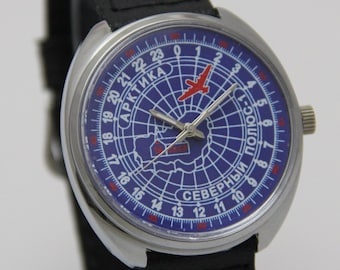 Montre mécanique soviétique vintage URSS 24 heures Raketa Factory « Arctica » montre-bracelet soviétique vintage de l’URSS Montre-bracelet pour hommes
