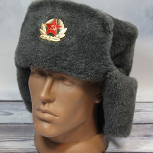 Vintage Winter Faux Fur Hat, Soviet Army Design Ushanka Hat, Soviet Soldier Winter Hat, Gray Color image 8