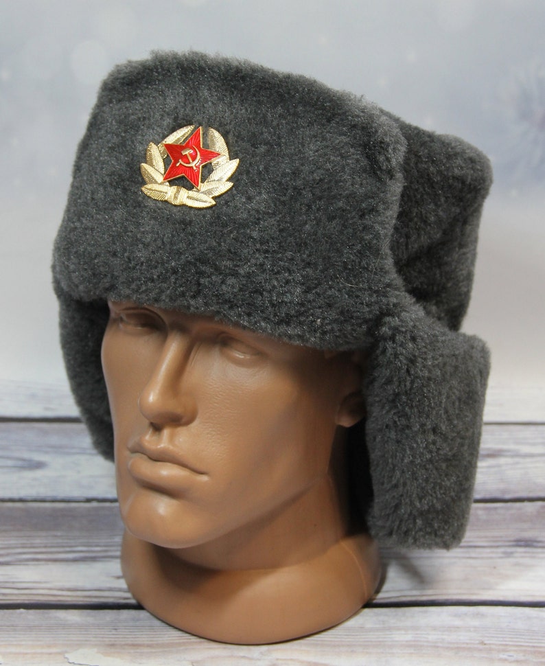 Vintage Winter Faux Fur Hat, Soviet Army Design Ushanka Hat, Soviet Soldier Winter Hat, Gray Color image 8