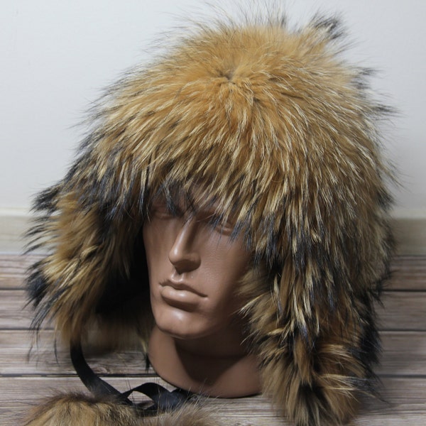 Sombrero de piel de mapache de invierno, sombrero de piel natural, sombrero de piel de invierno ucraniano, piel de mapache, calidad superior!!!