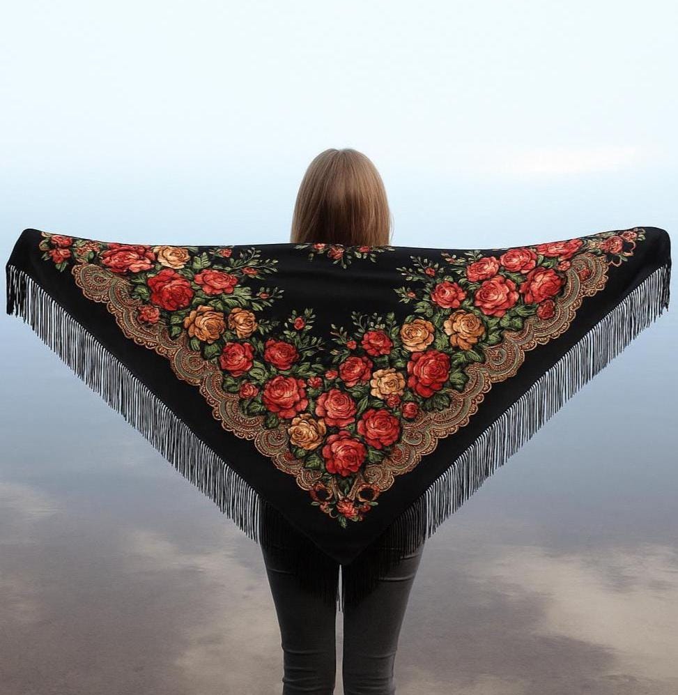 Ethnic Folk Shawl Chale Russe Slavic Babushka Floral Scarf Modern Chic Boho Styling with Classic Timeless Floral Design Gift for Her