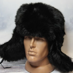 MADE in UKRAINE Winter Rabbit Fur Hat, Natural Ushanka Hat, Ukrainian Winter Fur Hat, Rabbit Black Color, USSR Hat