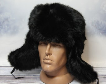 MADE in UKRAINE Winter Rabbit Fur Hat, Natural Ushanka Hat, Ukrainian Winter Fur Hat, Rabbit Black Color, USSR Hat