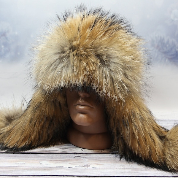 Winter Raccoon Fur Hat, Natural Fur Hat with Genuine Leather Top, Ukrainian Winter Fur Hat, Raccoon Fur, Top Quality!!!