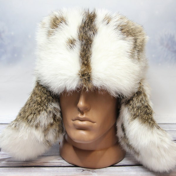 MADE in UKRAINE Winter Rabbit Fur Hat, Natural Ushanka Hat, Ukrainian Winter Fur Hat, Rabbit White Color,USSR Hat