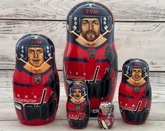 Washington Capitals Ice Hockey Sport Doll 6.69" or 17 cm Hand Painted Ukrainian Nesting Doll 5 pieces Wooden Toy Home Decor Portrait Quality