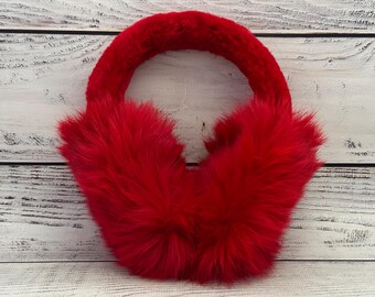 MADE in UKRAINE Winter Rabbit Fur Earmuffs, Rabbit Fur Red Color, Handcrafted, Gift for Her