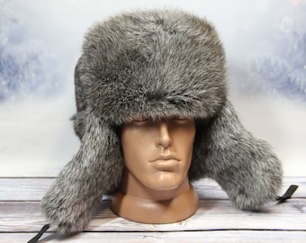 MADE in UKRAINE Winter Rabbit Fur Hat, Natural Ushanka Hat, Ukrainian Winter Fur Hat, Rabbit Gray Color, USSR Hat