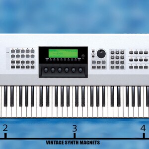 May include: A white Yamaha EX5 synthesizer with a 61-key keyboard, a digital display, and numerous knobs and buttons. The synthesizer is 48 inches wide.