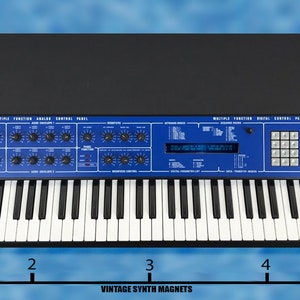 May include: A blue and black synthesizer with a 61-key keyboard, a digital display, and a control panel with knobs and buttons. The synthesizer is labeled "PPS Wave 2.3".
