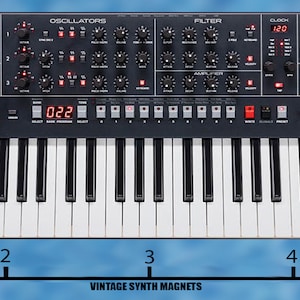 May include: A black synthesizer with a 37-key keyboard, red knobs, and a digital display. The synthesizer has a variety of controls, including oscillators, filters, and effects. The synthesizer is 5 inches wide.