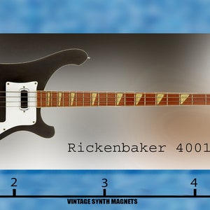 May include: A black Rickenbaker 4001 bass guitar with a white pickguard and a rosewood fretboard. The guitar is 40 inches long.