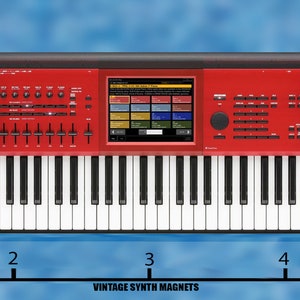 May include: A red Korg Kronos digital synthesizer with a black keyboard and a large color screen. The keyboard is 88 keys and has a black and white design. The screen is in the center of the synthesizer and has a black border. The synthesizer is 5 inches wide.