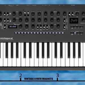 May include: A black KORG minilogue xd synthesizer with a 37-key keyboard and a variety of knobs and buttons. The synthesizer is 4 inches wide.