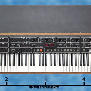 May include: A black and brown vintage synthesizer with a 61-key keyboard and a digital display. The synthesizer has a variety of knobs and buttons. The synthesizer is 5 inches wide.