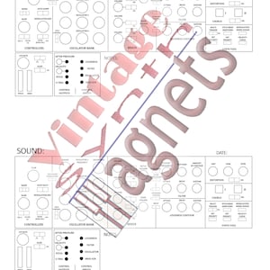 May include: Two white synthesizer control panel diagrams with various knobs, sliders, and labels. The text "SOUND:" and "DATE:" are visible. The image is slightly obscured by a watermark.