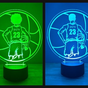 May include: A green and blue 3D printed night light shaped like a basketball player with the name "SMITH" and number "23" on the jersey. The light is on a black base.