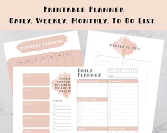 May include: Printable planner with a pink and gold design. The planner includes sections for daily, weekly, and monthly planning, as well as a to-do list. The daily planner section includes space for goals, to-do list, if I have time, notes, today's mood, and productivity level.