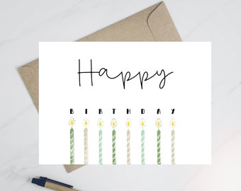 Printable Birthday Card, Digital Birthday Card, Digital Download, Green Candle Birthday Card