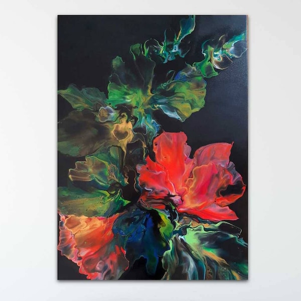 Peony Bloom - Dutch  pour painting on a black background, 3-D canvas