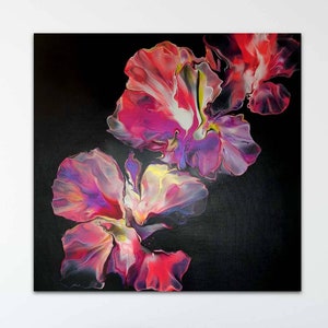 Fluid art Dutch pour painting "Butterfly Orchids", black background, deep edge canvas 23.6" x 23.6"