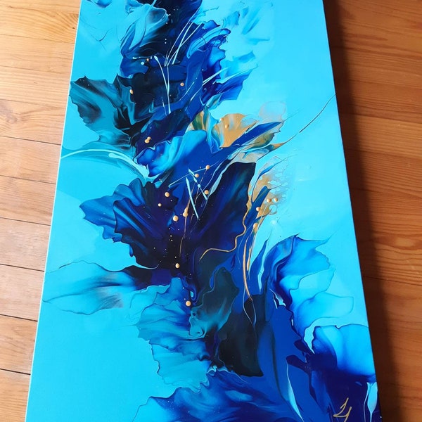 Abstract acrylic painting "Aquarius", blue and gold, fluid art, Dutch pour, deep  edge canvas 50x100x4 cm