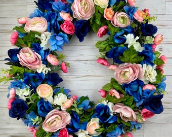 Spring Wreath, Summer Wreath, Blue and Pink Wreath