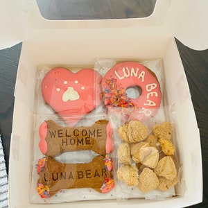 new puppy dog cookie treat box, new puppy, adopted, rescue dog, personalized treats, dog mom, dog treats, name treats, welcome home, adopt