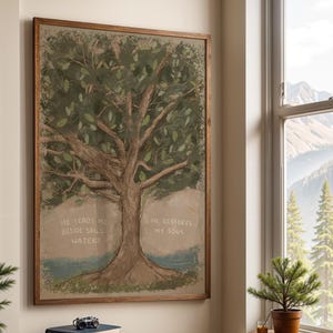 May include: A framed wall art print featuring a large tree with green leaves and a brown trunk. The text "He leads me beside still waters" and "He restores my soul" is written in white on the lower portion of the tree trunk and background.