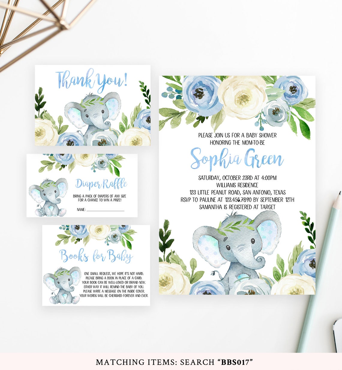Editable Elephant Baby Shower Invitation Set It's a Boy Etsy