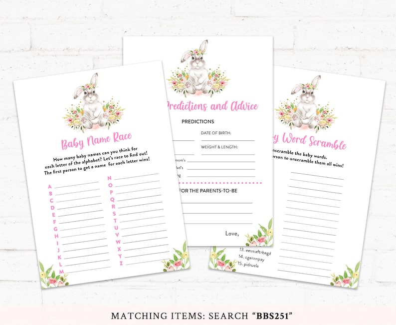 Floral Bunny Baby Shower Girl Baby Shower BBS251 Rabbit Baby Shower Activities Bunny Baby Shower Game Bundle Bunny Baby Shower Games