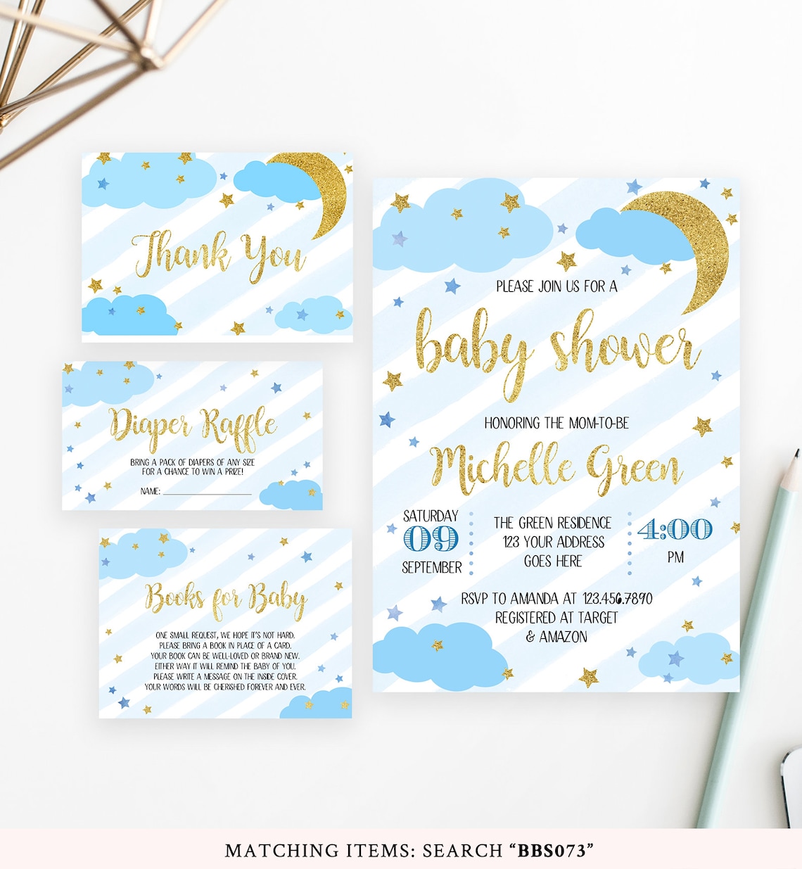 Editable Moon and Stars Baby Shower Invitation Set Blue and Etsy