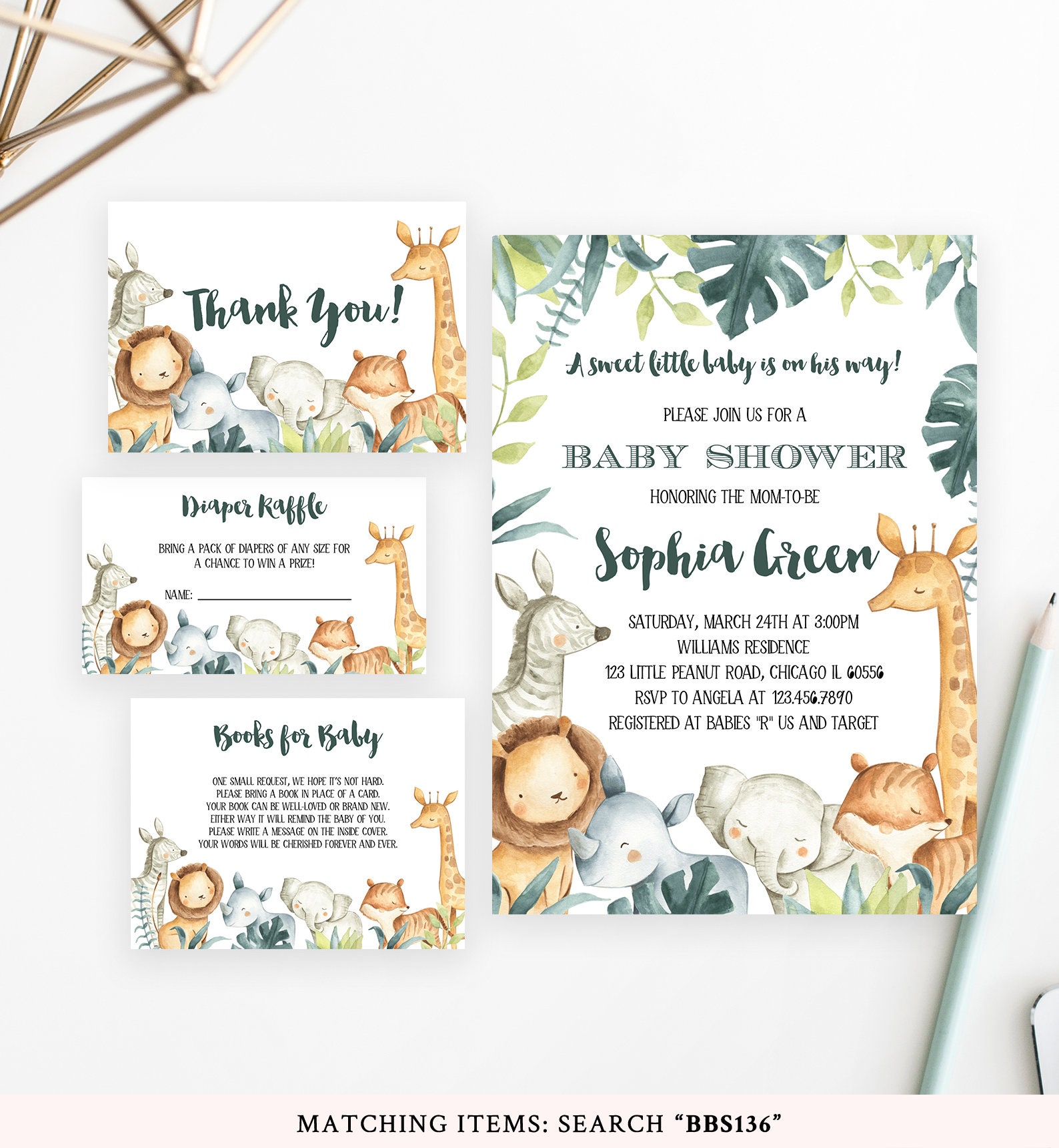 Editable Safari Baby Shower Invitation Set Jungle Baby Shower Etsy