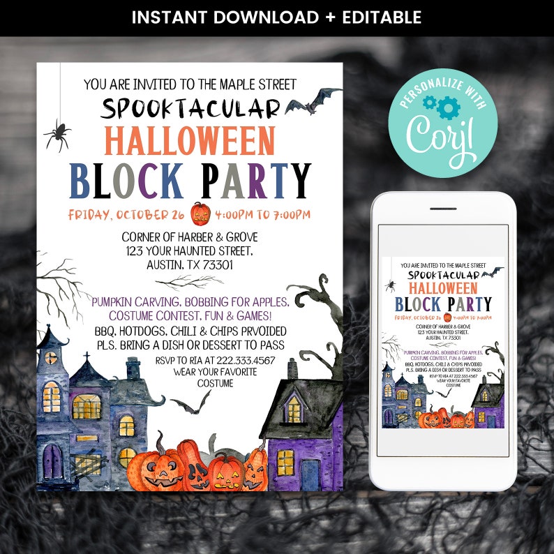 Editable Halloween Block Party Party Invitation Halloween Etsy