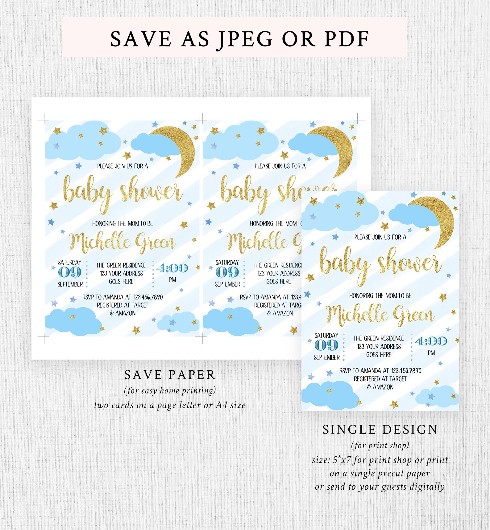 Editable Moon and Stars Baby Shower Invitation Set Blue and Etsy