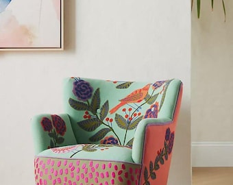 Pink Embroidered Nature Accent Chair, Woodland Bird Armchair, Cottagecore Reading Chair, Botanical Lounge Chair, Whimsical Home Decor