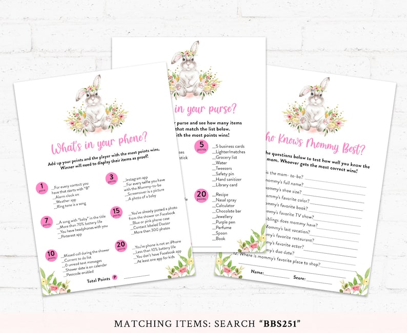 Floral Bunny Baby Shower Girl Baby Shower BBS251 Rabbit Baby Shower Activities Bunny Baby Shower Game Bundle Bunny Baby Shower Games