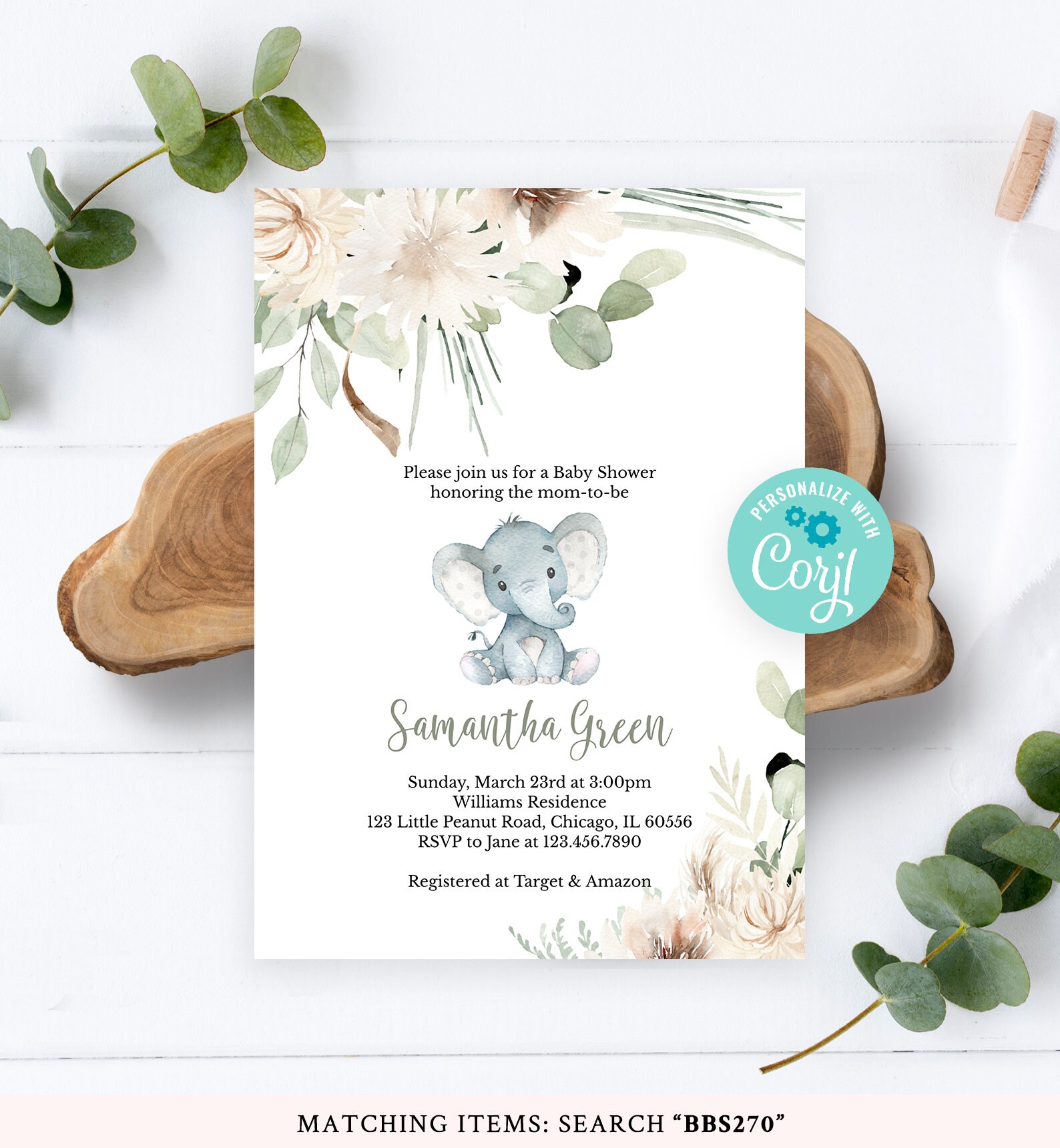 Editable Gender Neutral Elephant Baby Shower Invitation Boho Etsy