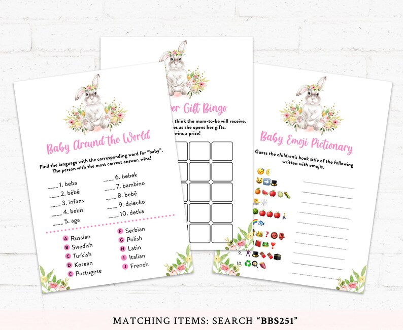 Floral Bunny Baby Shower Girl Baby Shower BBS251 Rabbit Baby Shower Activities Bunny Baby Shower Game Bundle Bunny Baby Shower Games