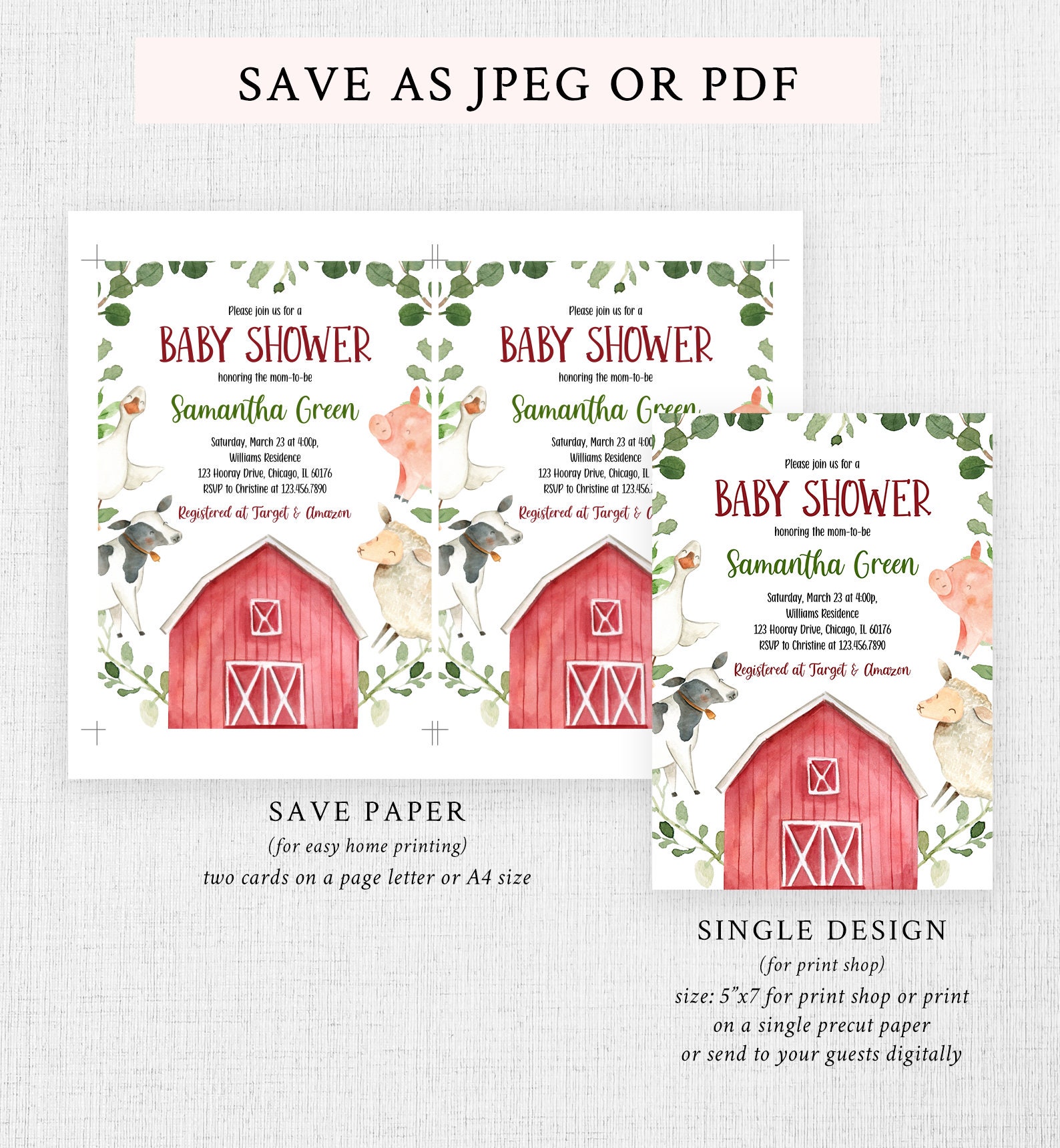 Editable Farm Baby Shower Invitation Set Barnyard Baby Shower | Etsy