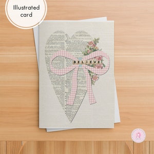 Vintage greeting illustration card, romantic heart, bow card, pink card 5x7 size, female style card, shabby chic notecard print on demand
