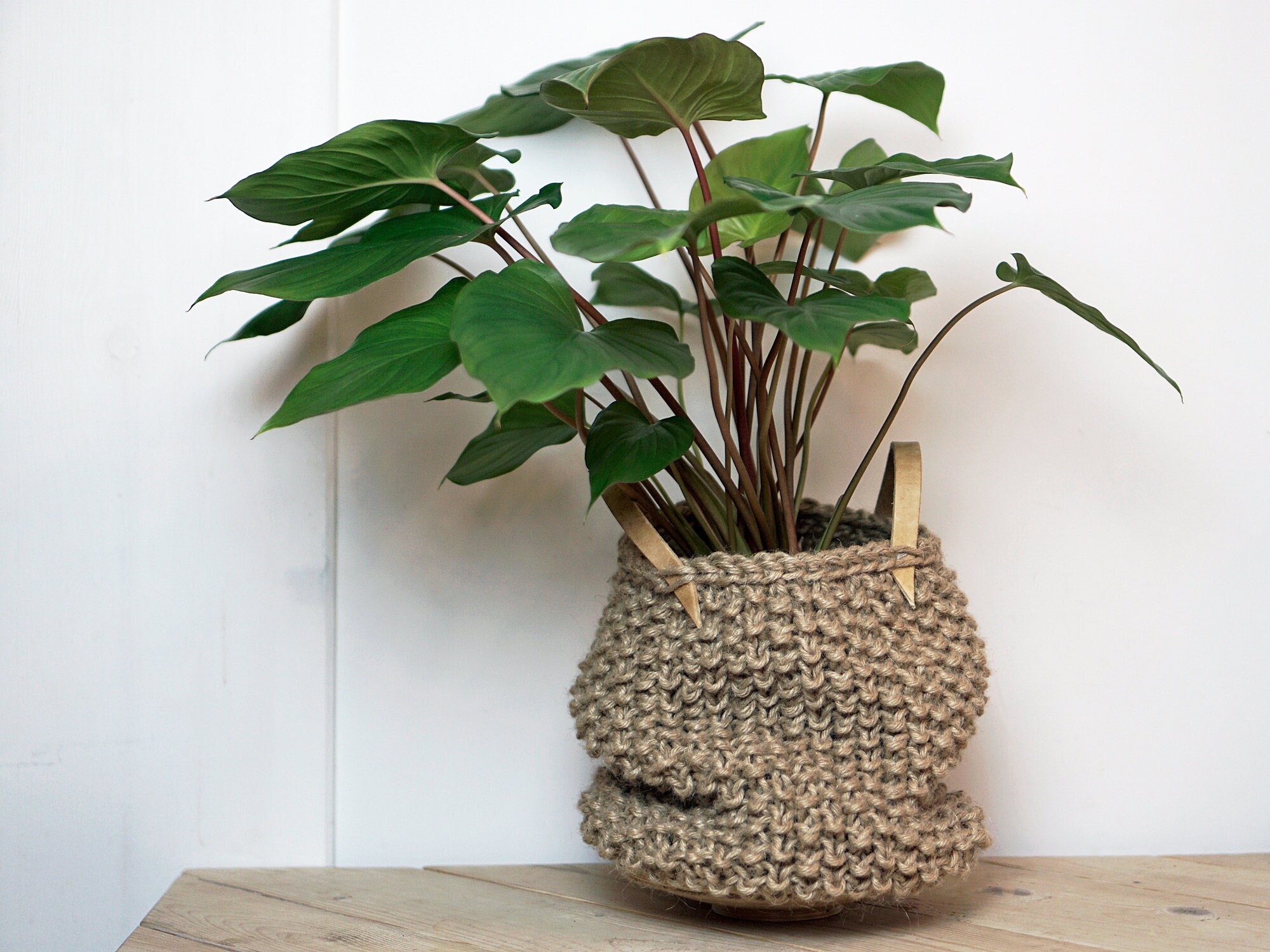 Large hand made chunky knit jute planter basket with leather Etsy